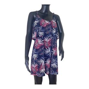 Women Express Red White Navy Palm Print/Tropical Summer Mini Dress Sz M